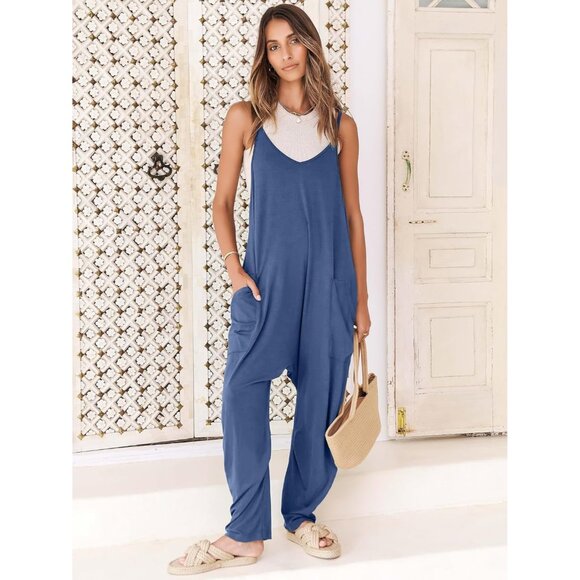 Women Blue Casual Summer Overalls Sleeveless Spaghetti Strap Romper Jumper - Picture 2 of 6